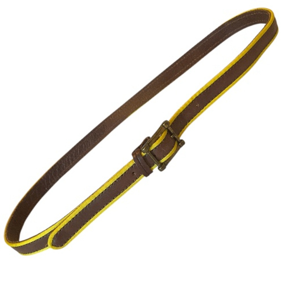Linea Pelle Brown Leather yellow grosgrain Ribbon trim Belt size M - Picture 6 of 9